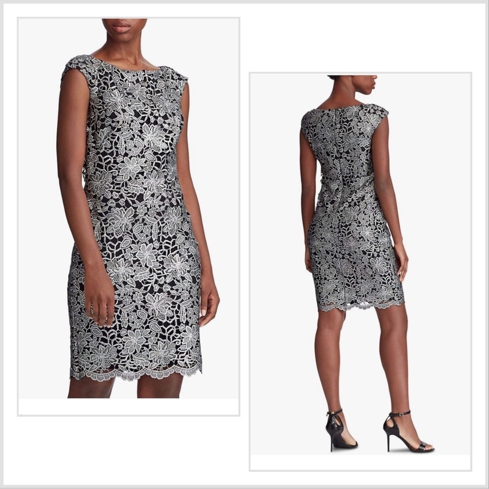 LAUREN RALPH LAUREN Women's Gray Scalloped Lace Sheath Dress size 6 lace